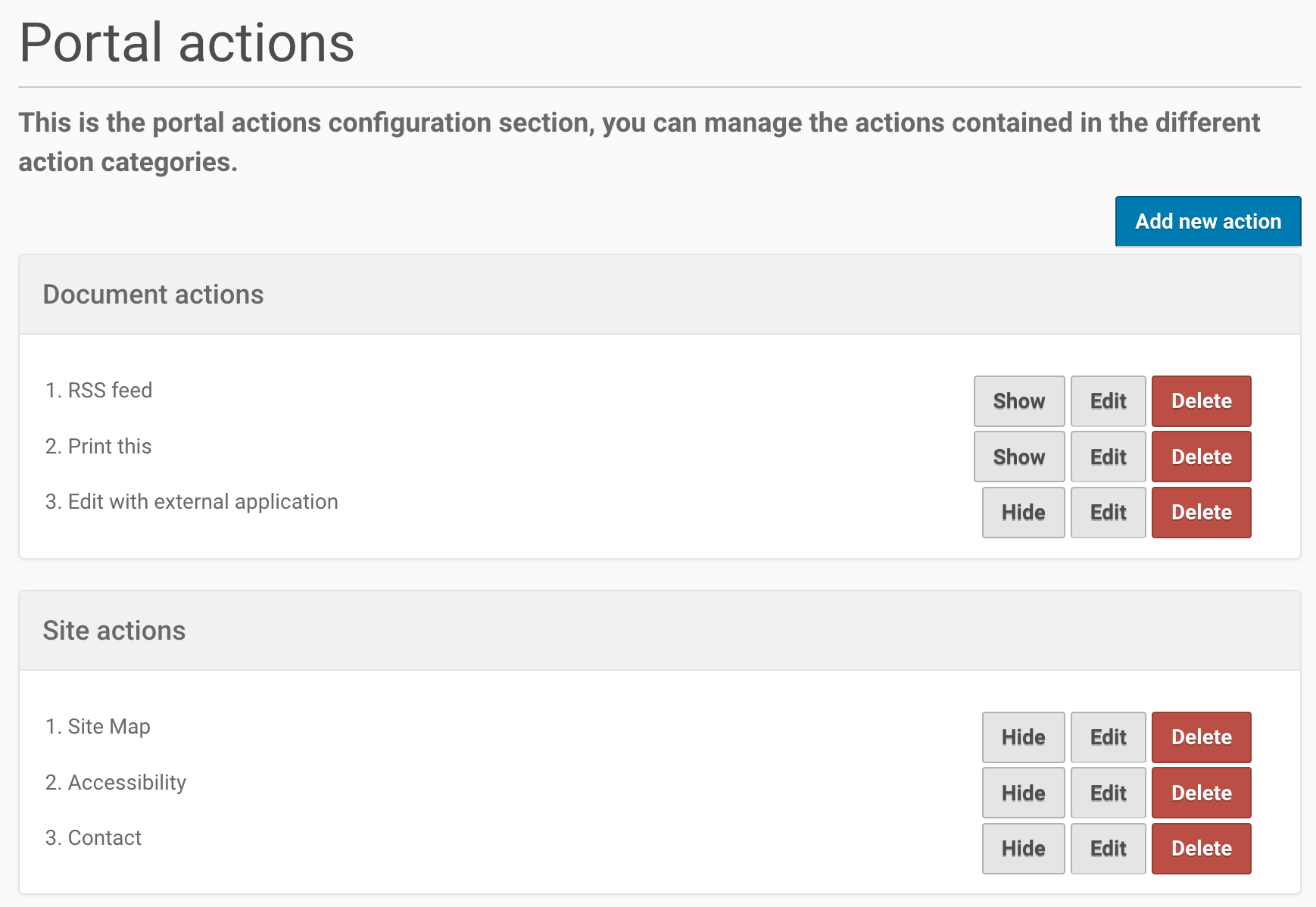 portal actions control panel