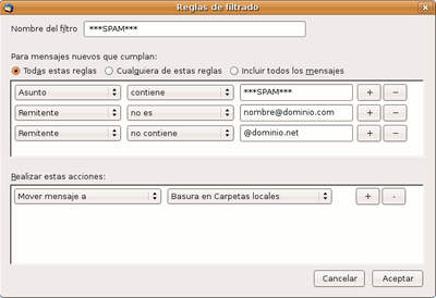 Thunderbird: ejemplo de filtro antispam