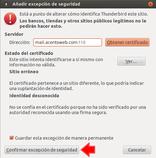 Thunderbird: confirmar excepción de seguridad (Certificado SSL)