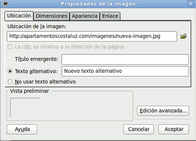 Ventana emergente Propiedades de la imagen (modificada) Ventana emergente Propiedades de la imagen (modificada)