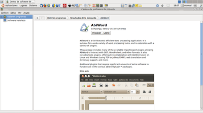 Ficha informativa de Abiword en el Centro de software de Ubuntu