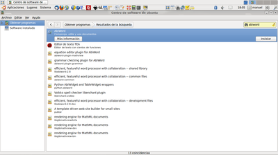 Resultados de búsqueda de abiword en el Centro de software de Ubuntu